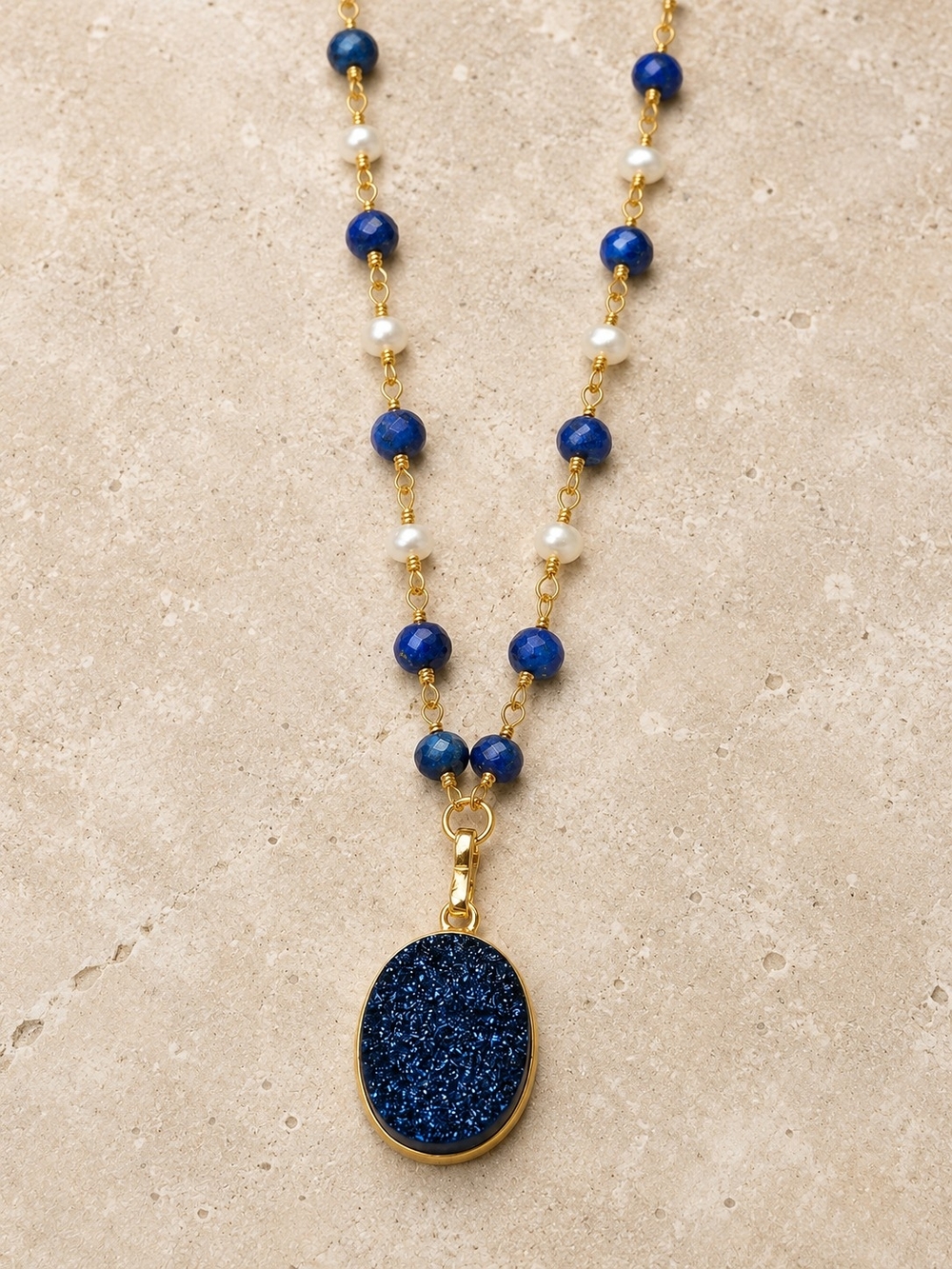Lapis Lazuli Pearl Druzy Necklace 24K Gold Plated Blue Gemstone Pendant